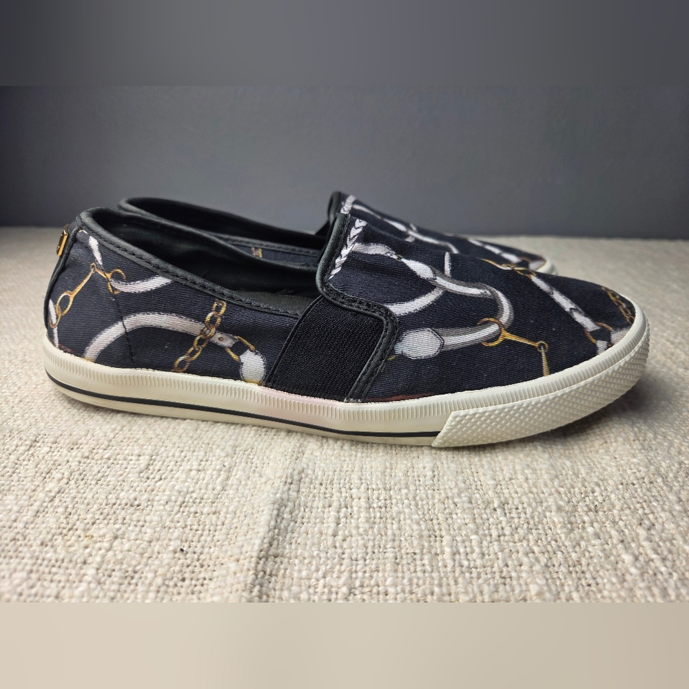Lauren Ralph Lauren Black Slip-On Sneakers with Gold & White Chain Print